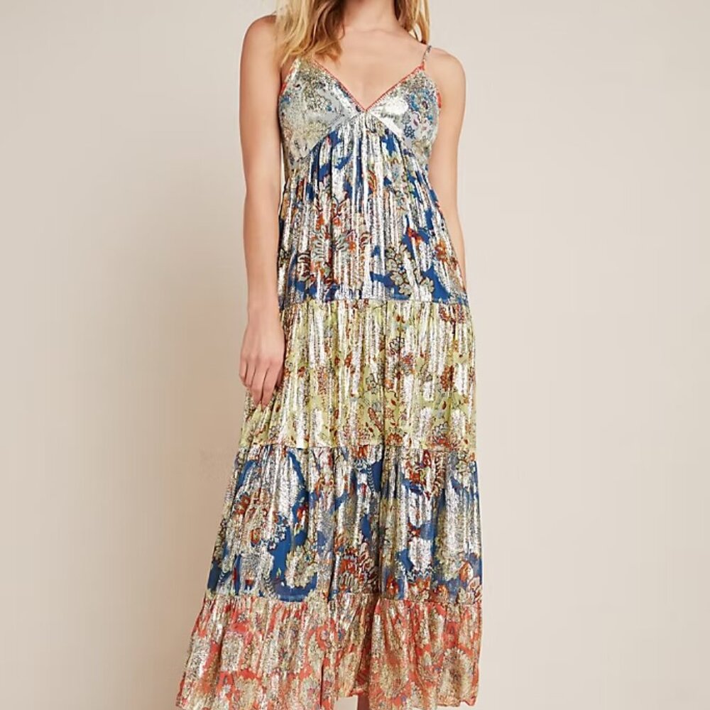 Anthropologie for Verb Pallavi Echo Tiered Gold Metallic Maxi Dress Size 12